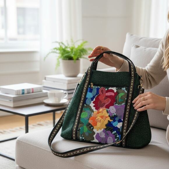 America & Beyond Boho Tote Bag Beaded Embroidered Colorful Zip Pockets Fall - Picture 2 of 11